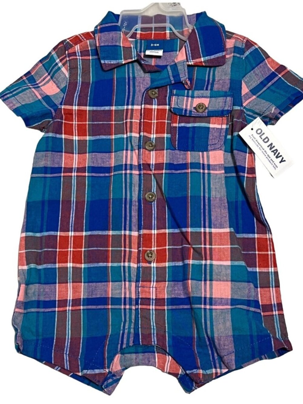 Old Navy baby boys 3-6m NWT blue red pink plaid shorts romper 1pc button up
